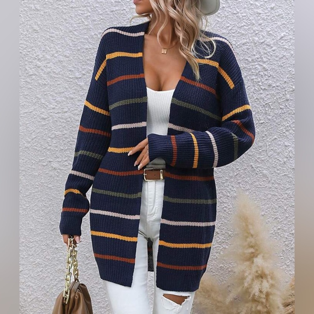 Unity Striped Pattern Drop Shoulder Duster Cardigan Sweater - Picture 2 of 7
